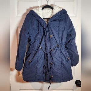ELeter Navy Blue Sherpa Lined Hooded Zip Button Jacket